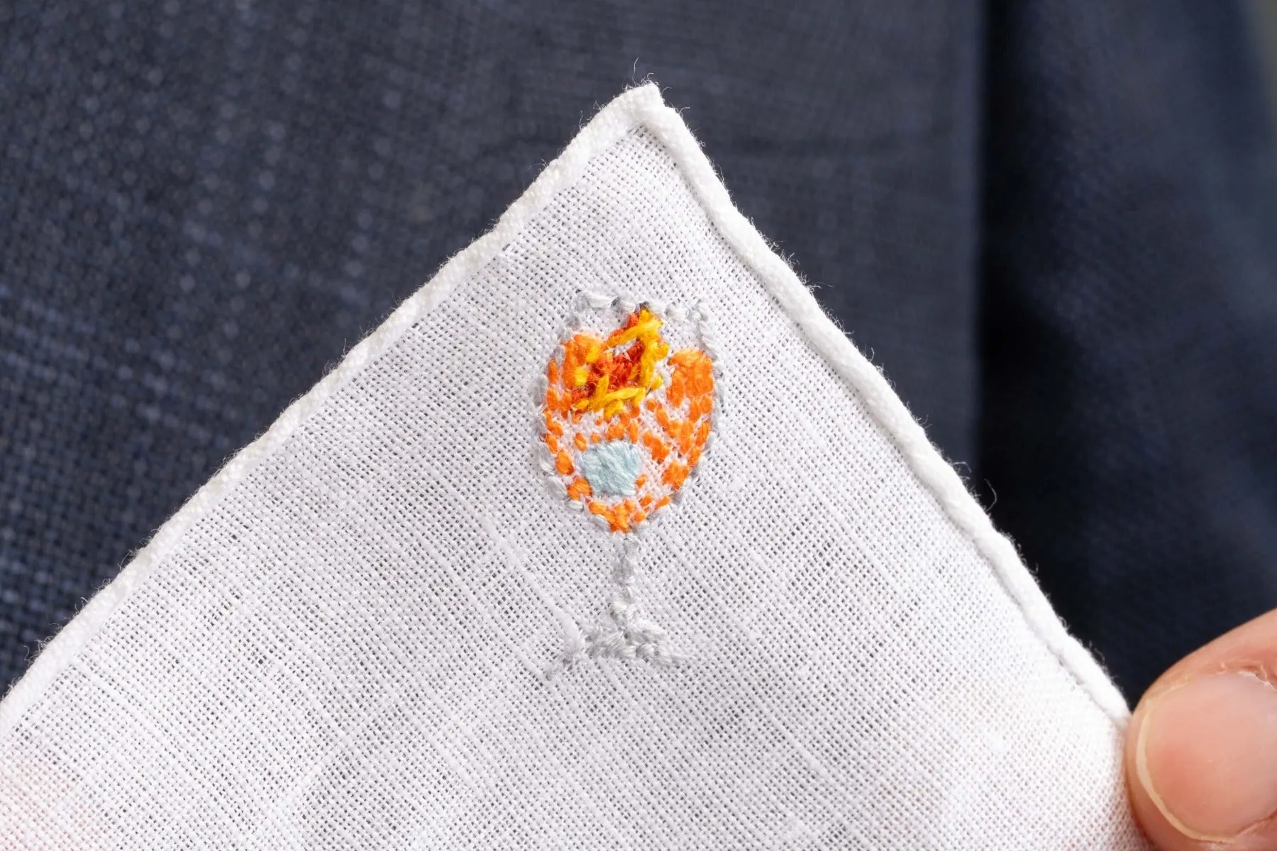 Aperol Spritz Cocktail Hand Embroidered Linen Pocket Square