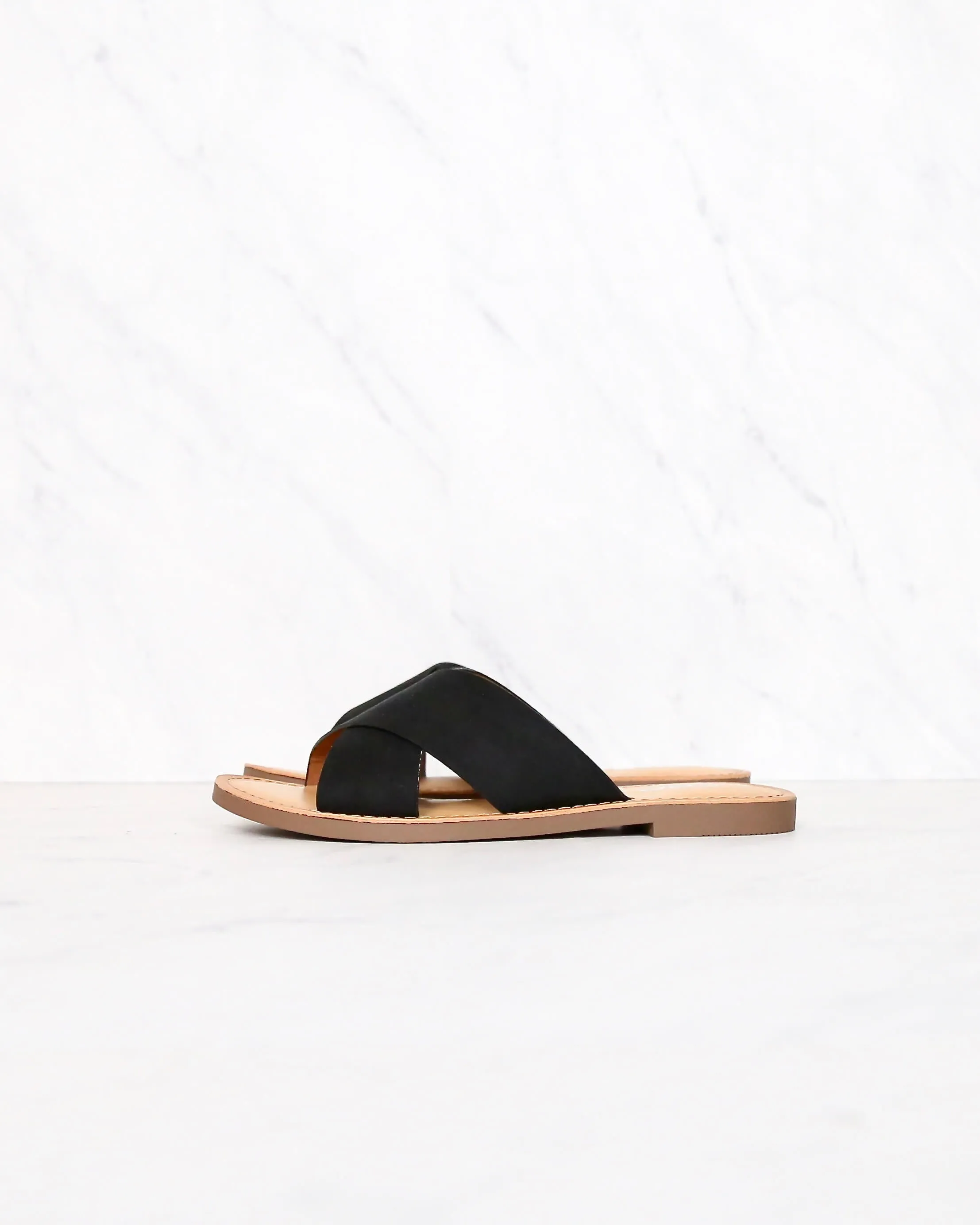 Coco Criss Cross Faux Suede Slip On Flat Sandals in Black