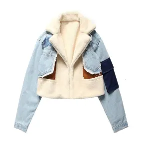 Color Block Patchwork Faux Fur Borg Sherpa Denim Jacket with Fur Collar