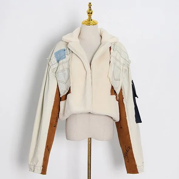 Color Block Patchwork Faux Fur Borg Sherpa Denim Jacket with Fur Collar