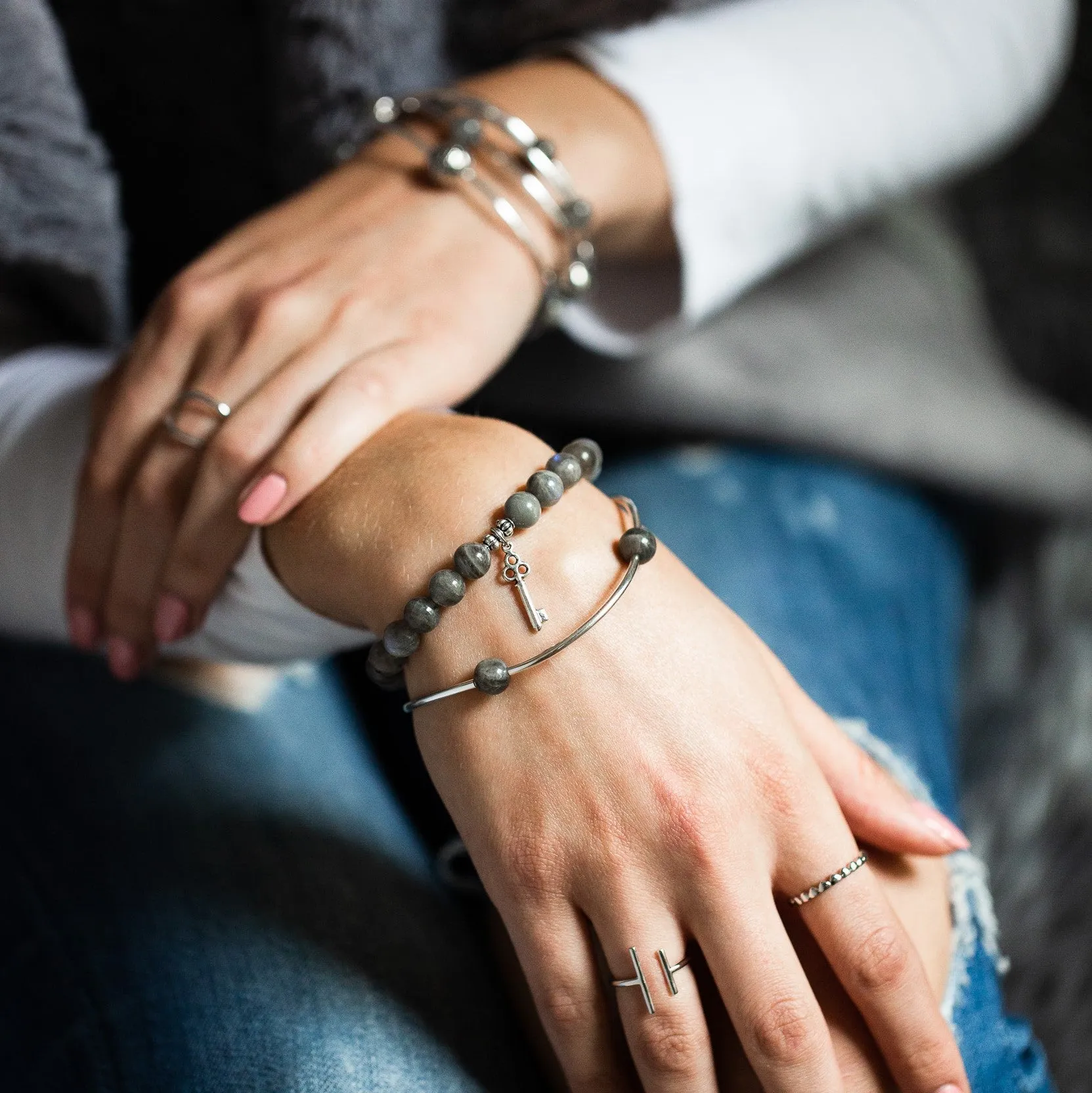 Cross | Stone Beaded Charm Bracelet | Rose Quartz