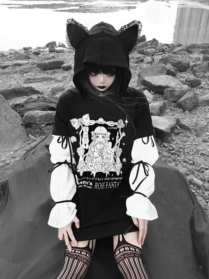 Dark goth cat ear rose fantasy anime hoodie chiffon