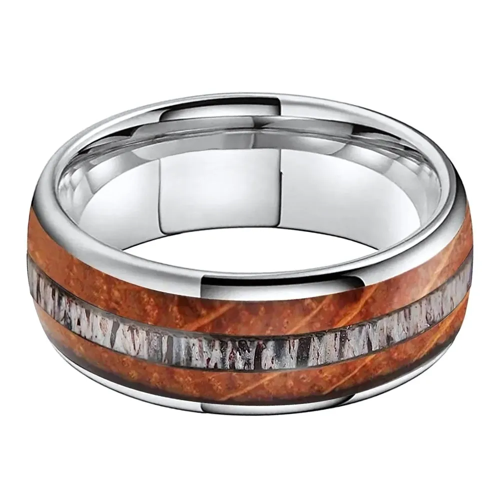 Deer Antler and Whiskey Barrel Oak Wood Dome Wedding Ring in Silver Tungsten (8mm)