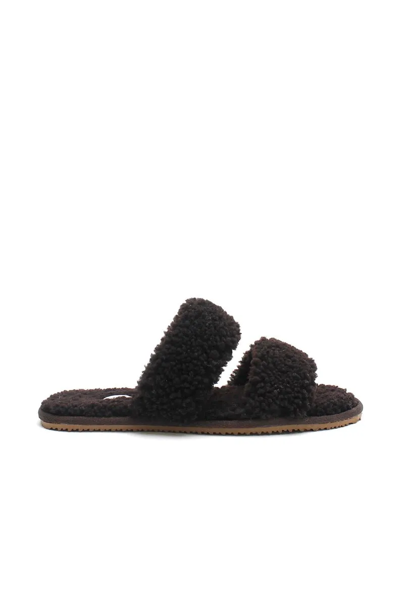 DOUBLE STRAP SHEARLING-DARK CHOCOLATE