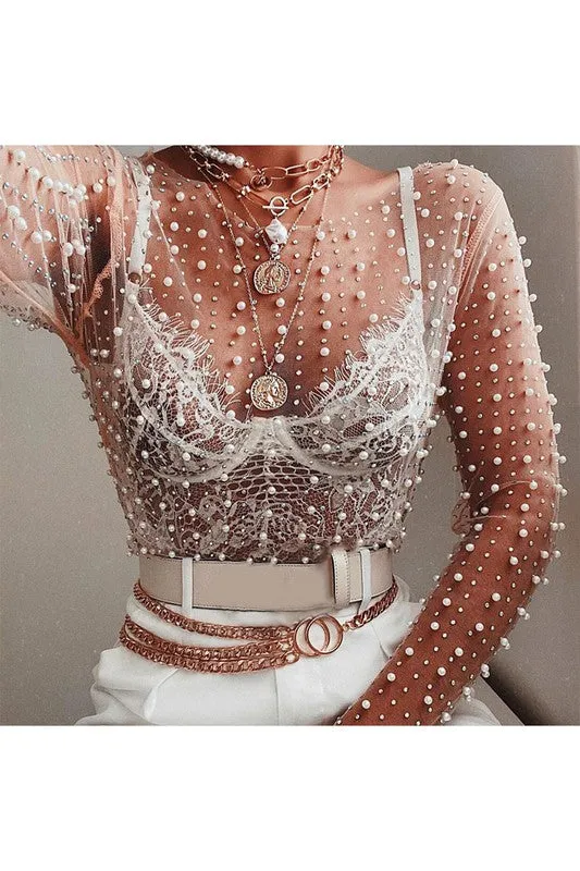 FAUX PEARL AND WHITE SHEER MESH GRID CROP TOP