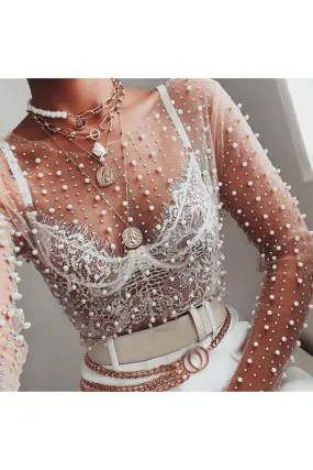 FAUX PEARL AND WHITE SHEER MESH GRID CROP TOP