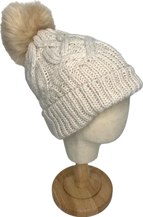 Free People Beige Knitted Beanie Hat With Faux Fur Bobble One Size