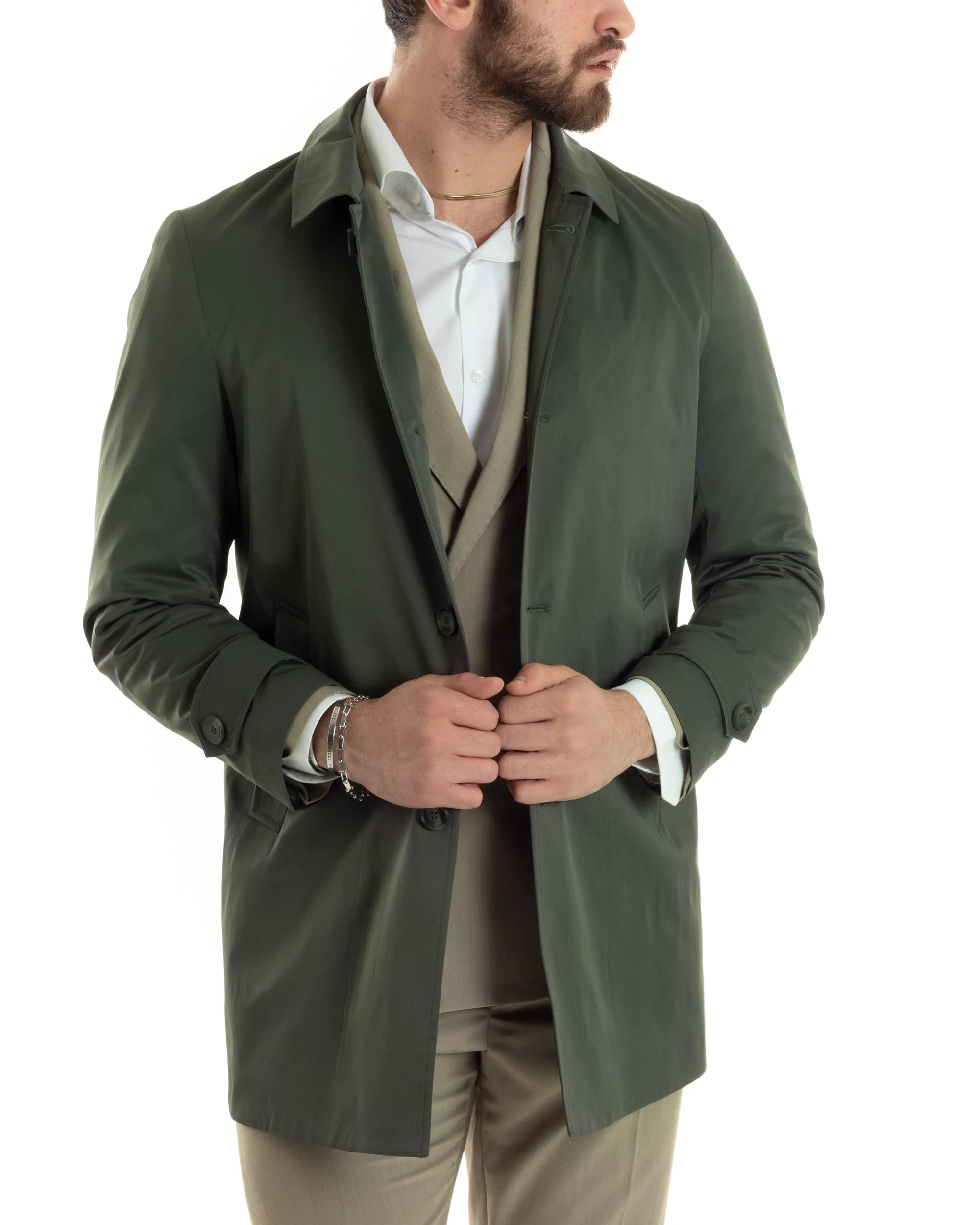 Giubbotto Uomo Trench Lungo Con Colletto Tessuto Impermeabile Verde GIOSAL-G3160A