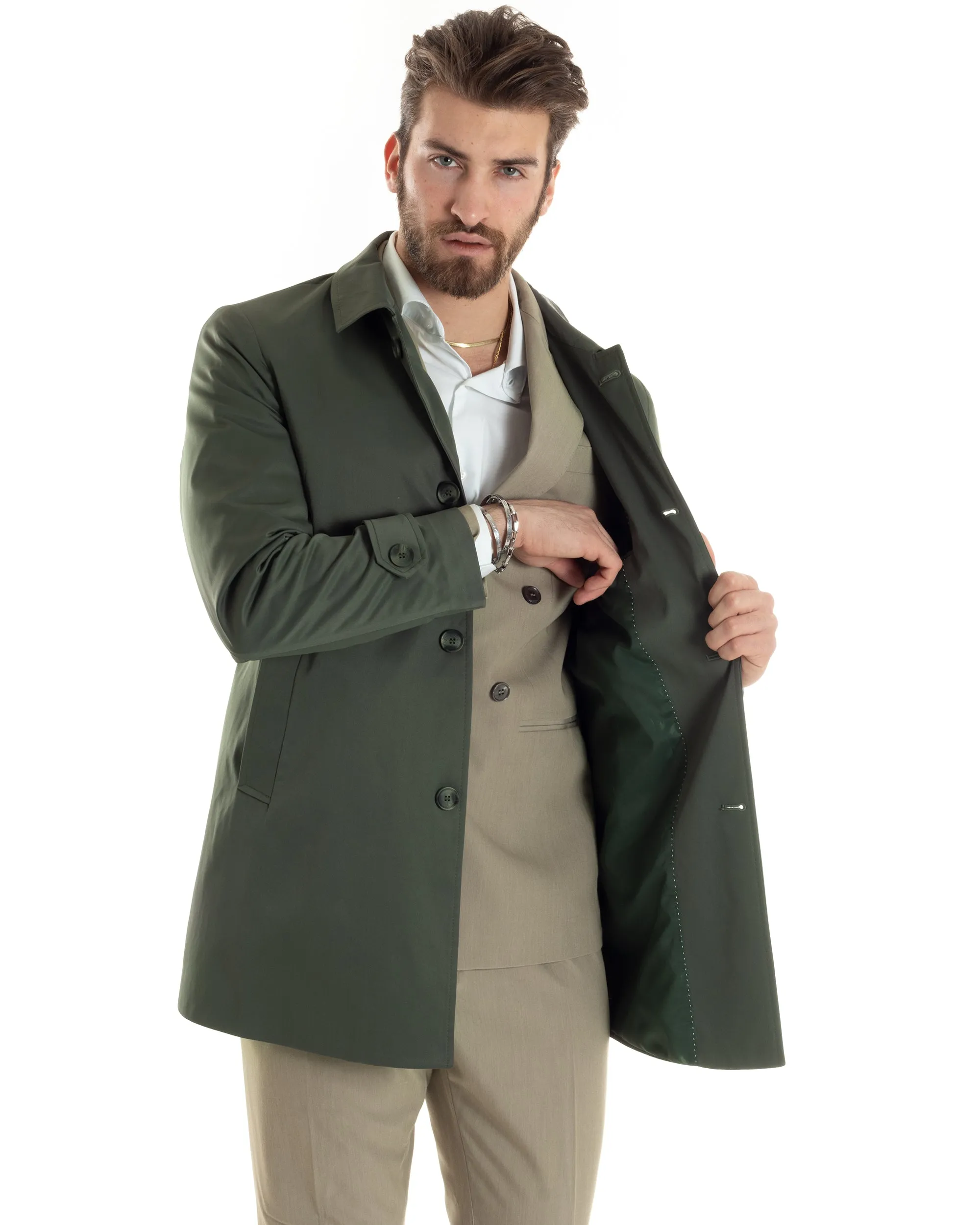 Giubbotto Uomo Trench Lungo Con Colletto Tessuto Impermeabile Verde GIOSAL-G3160A