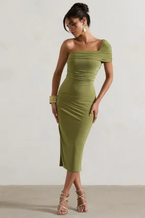 Hawaii | Robe mi-longue vert olive asymétrique à une épaule avec fente