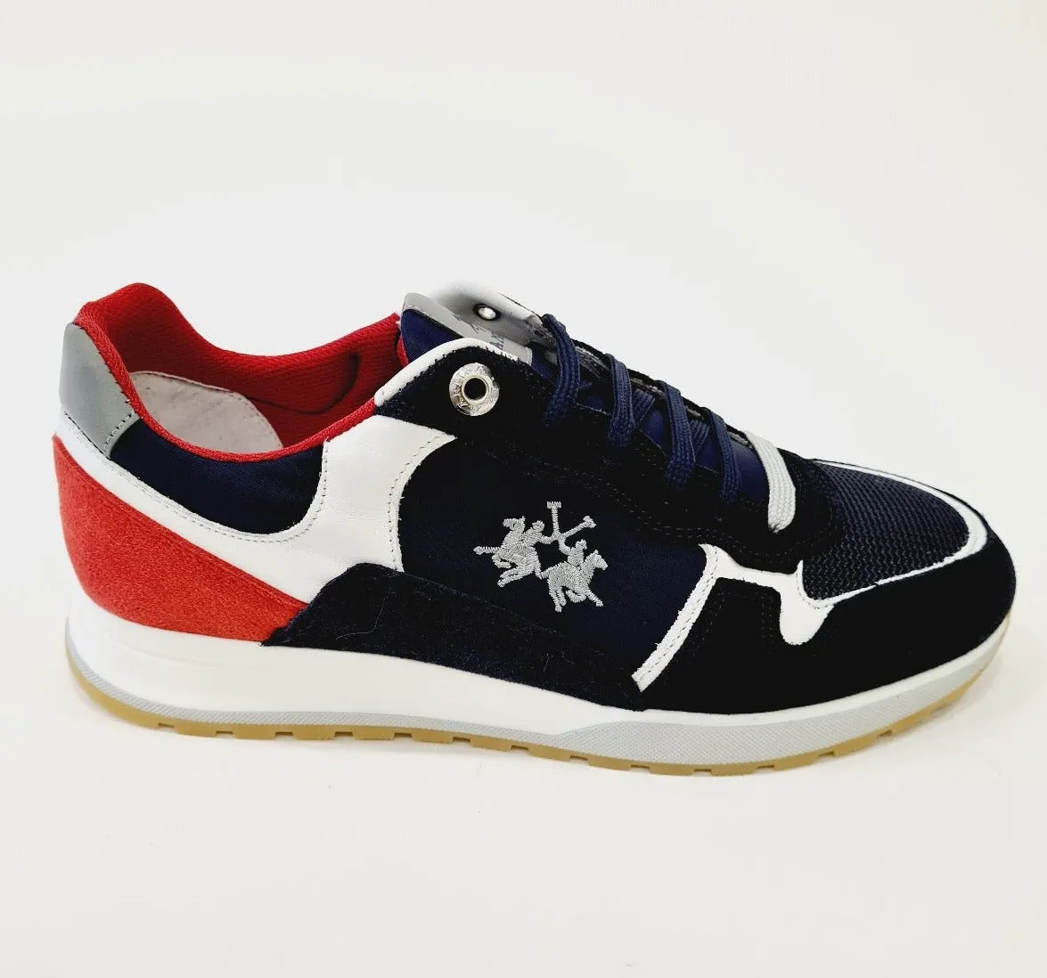 LA MARTINA SNEAKERS UOMO FONDO GOMMA ALTO 3,5 CM.CAMOSCIO  BLU PELLE BIANCO E ROSSO RIF.12