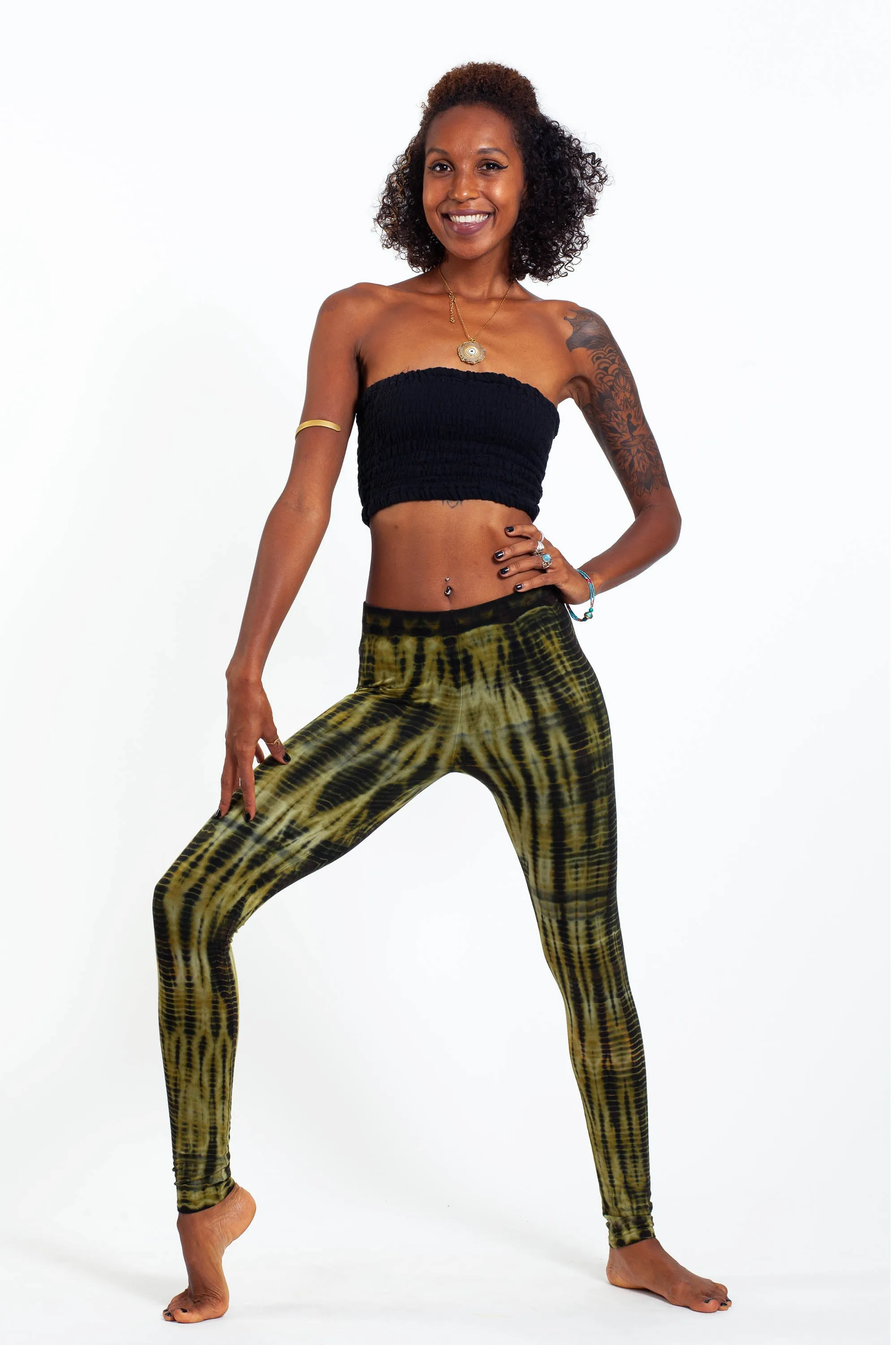 Lightning Stripes Tie Dye Cotton Leggings in Olive