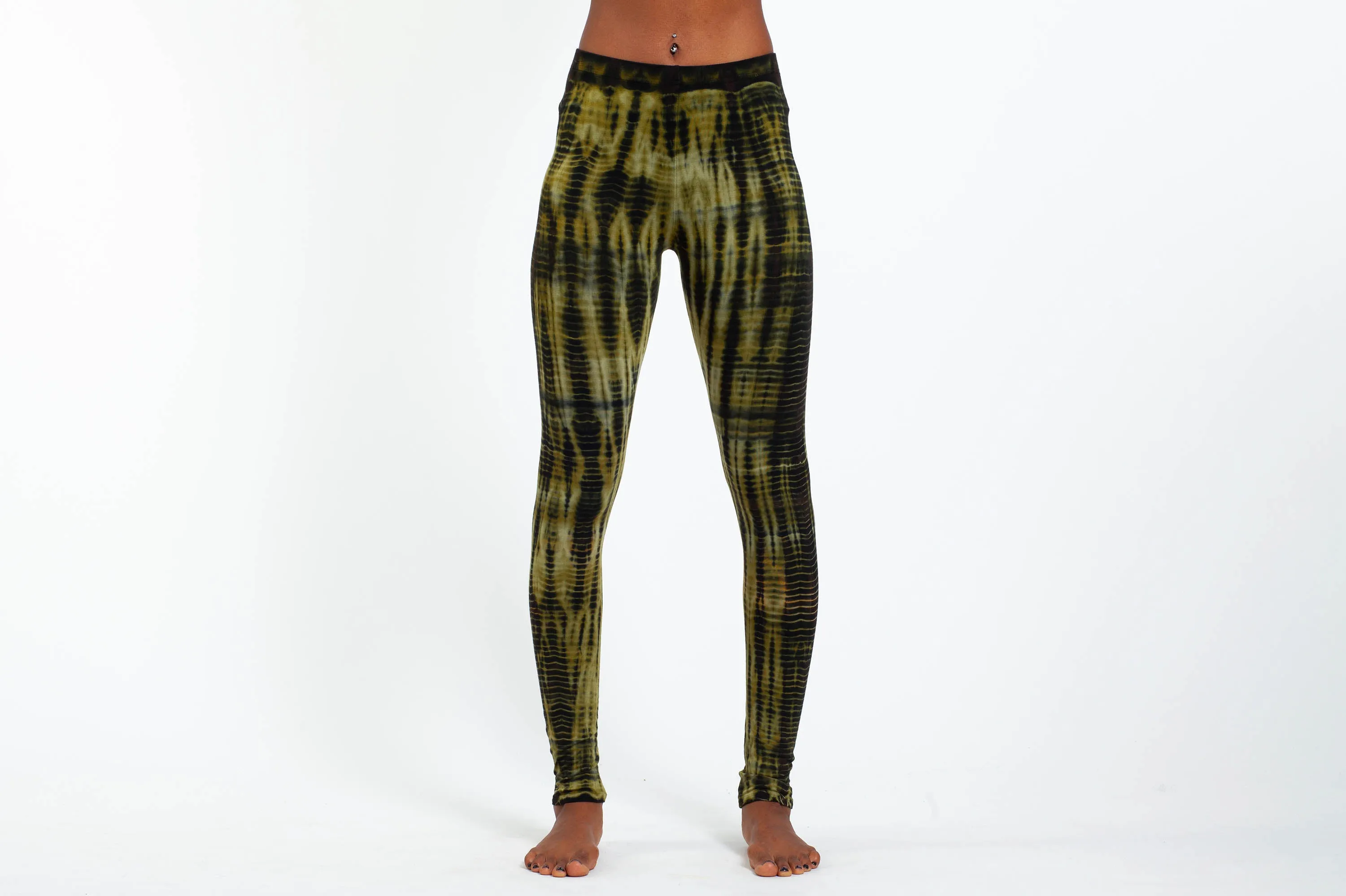 Lightning Stripes Tie Dye Cotton Leggings in Olive