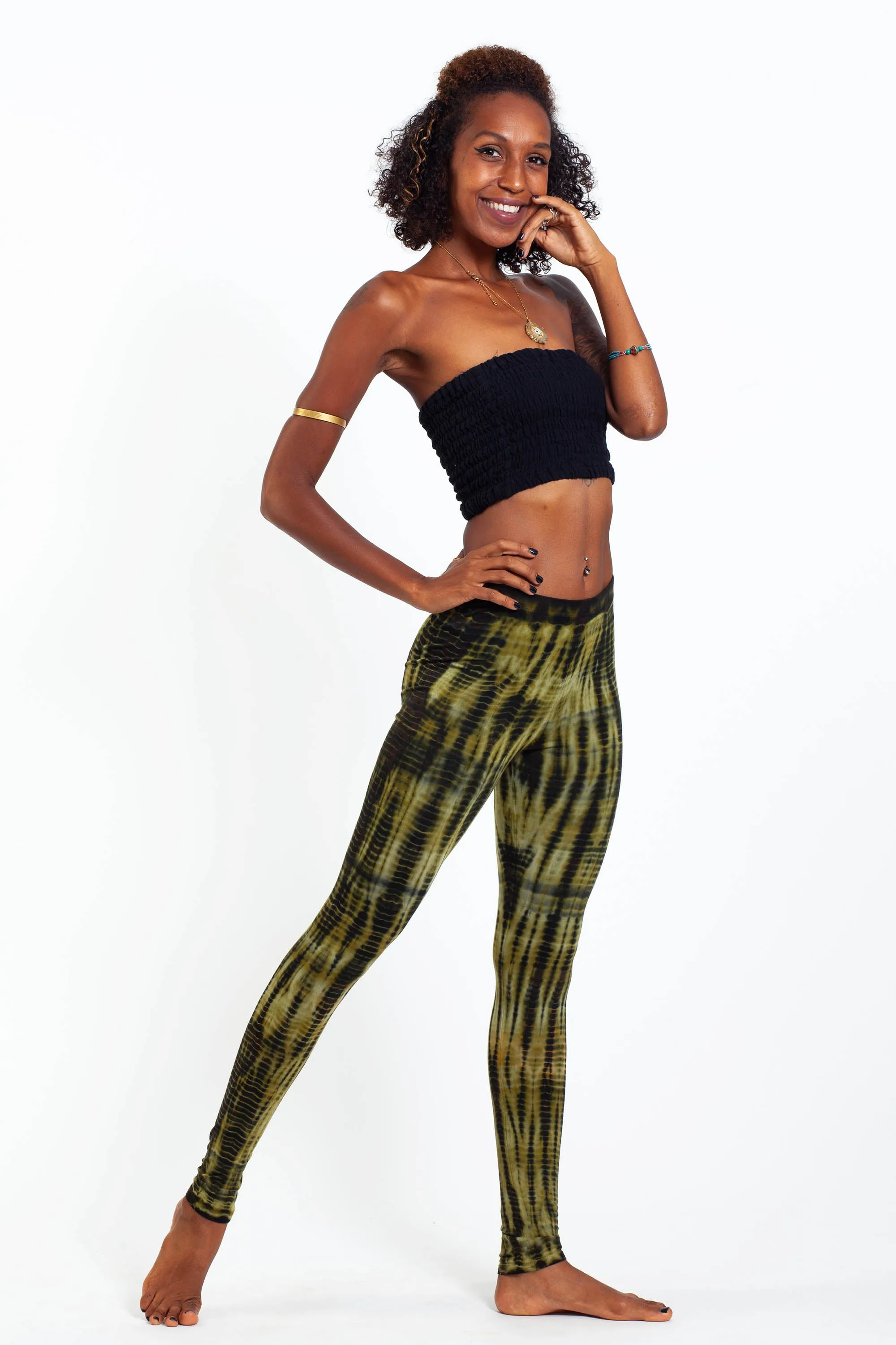 Lightning Stripes Tie Dye Cotton Leggings in Olive