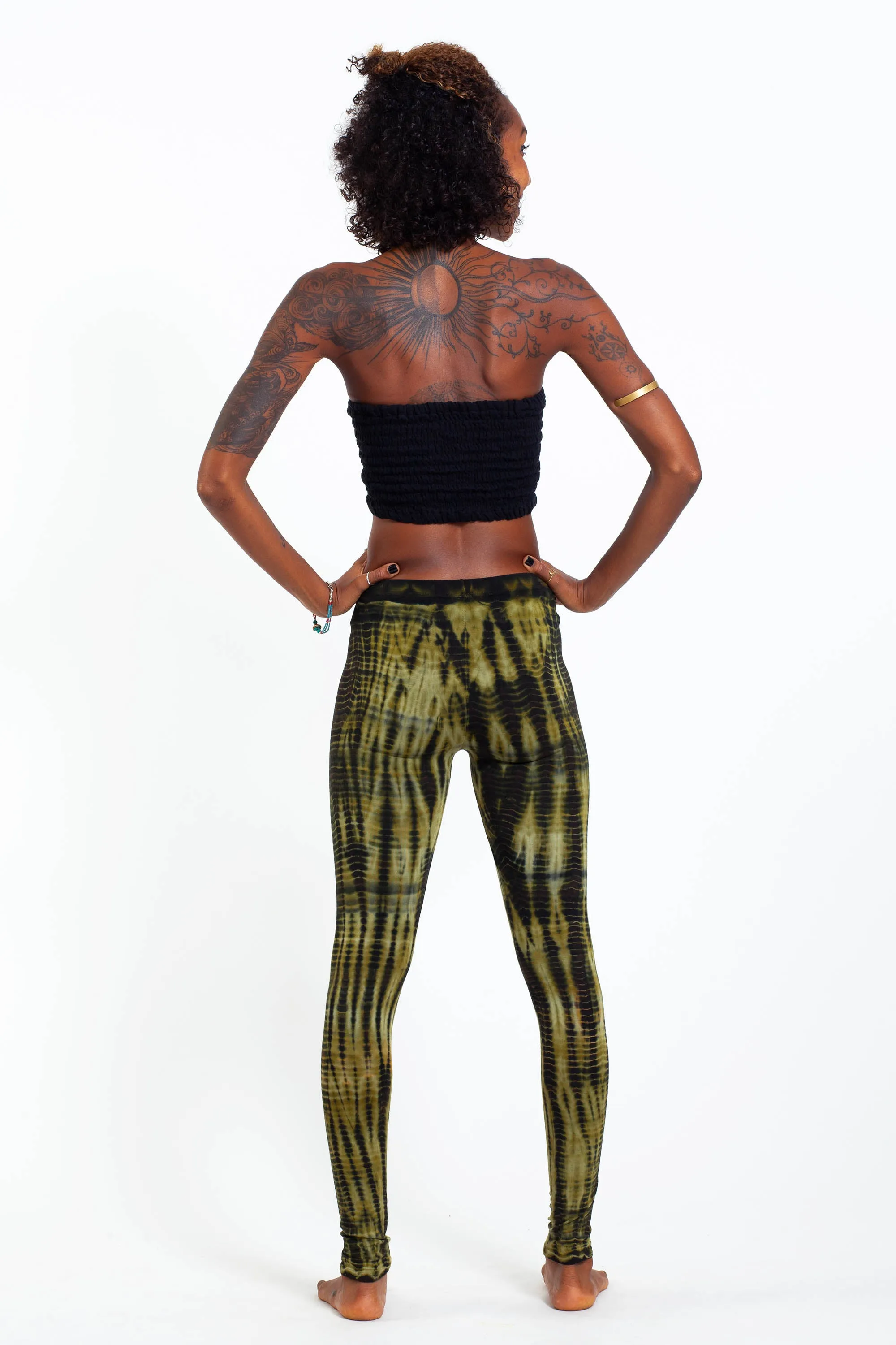 Lightning Stripes Tie Dye Cotton Leggings in Olive