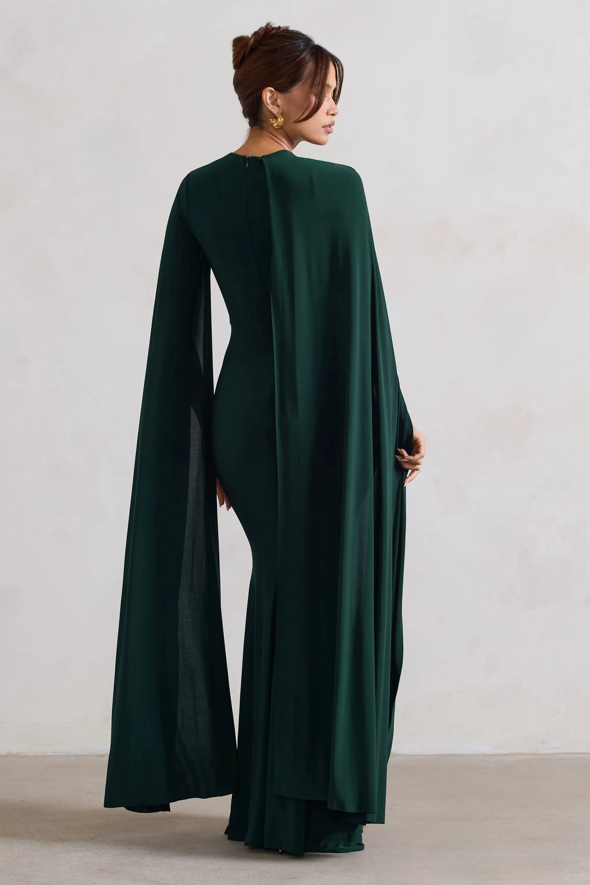 Magdelena | Robe longue vert bouteille asymétrique avec cape