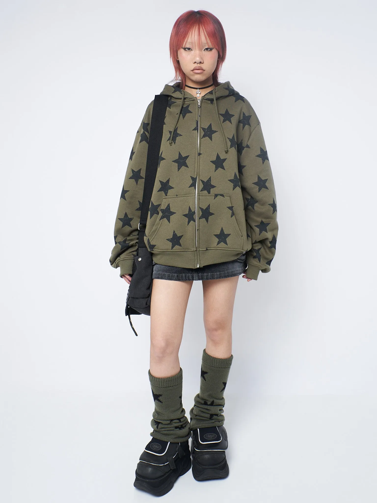 Star Print Green Oversized Zip Up Hoodie