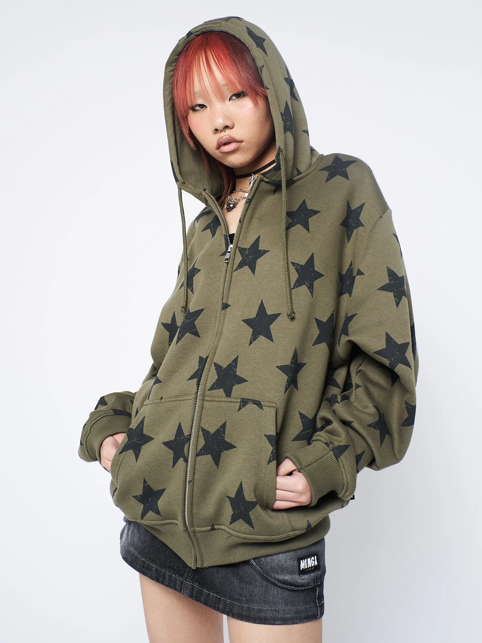 Star Print Green Oversized Zip Up Hoodie