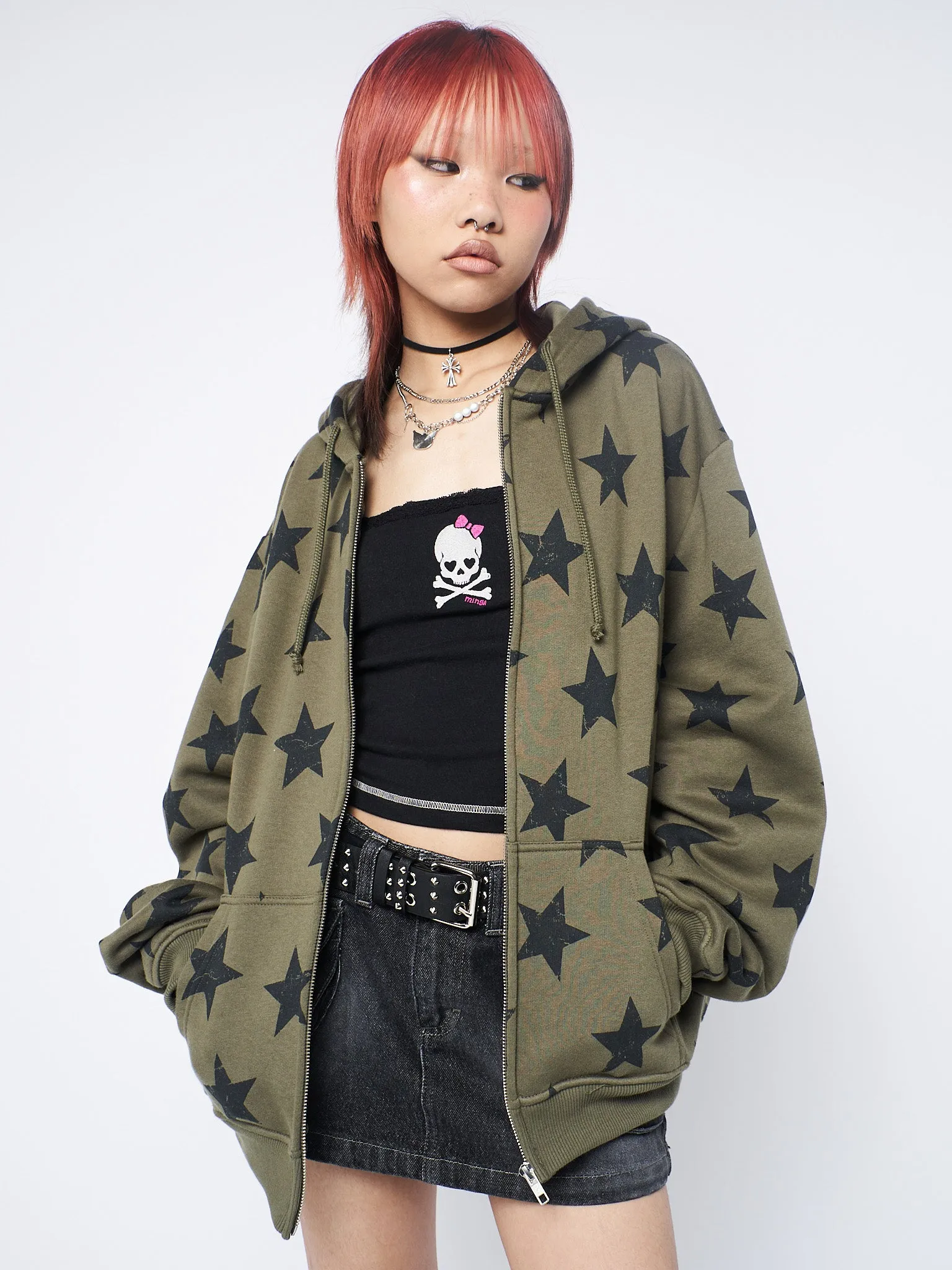 Star Print Green Oversized Zip Up Hoodie