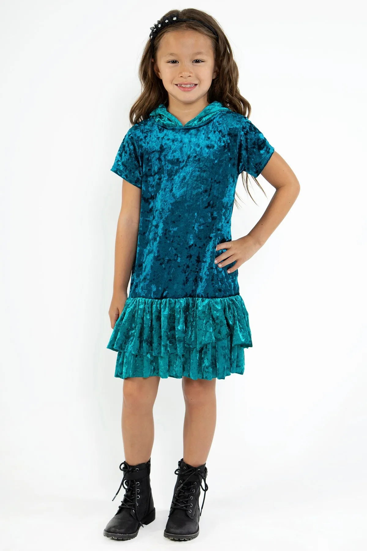 Velvet Hoodie Ruffle Girls Dress