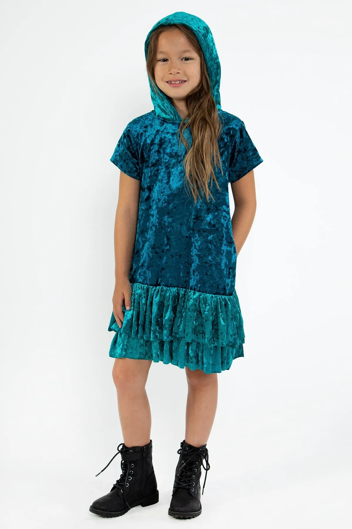 Velvet Hoodie Ruffle Girls Dress