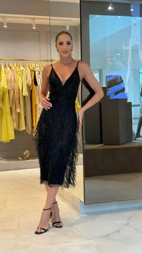 VESTIDO FABIANA MILAZZO ASSIMETRICO PRETO FRANJAS