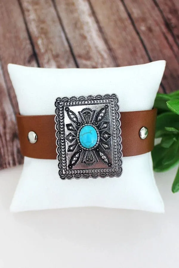 Wide Leather western charm CUFF SNAP BRACELET