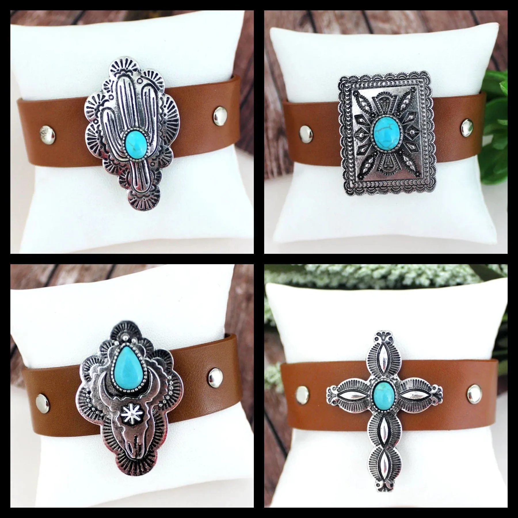 Wide Leather western charm CUFF SNAP BRACELET